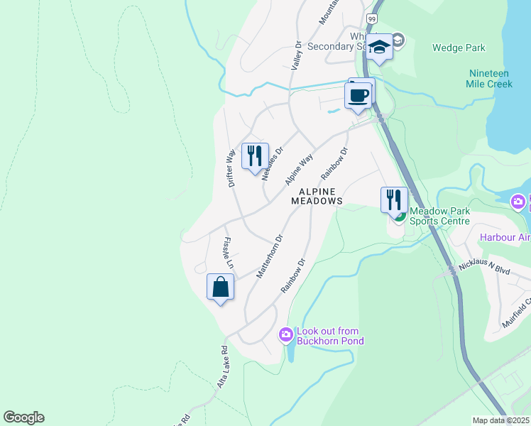 map of restaurants, bars, coffee shops, grocery stores, and more near 8224 Alpine Way in Whistler