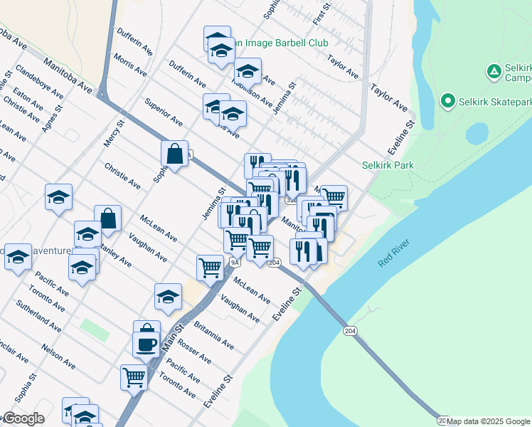 map of restaurants, bars, coffee shops, grocery stores, and more near 405 Main Street in Selkirk