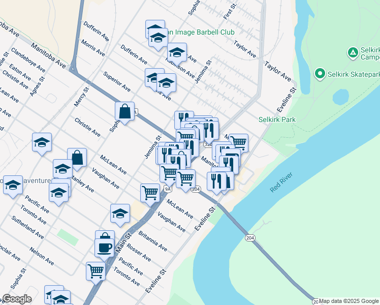 map of restaurants, bars, coffee shops, grocery stores, and more near 405 Main Street in Selkirk