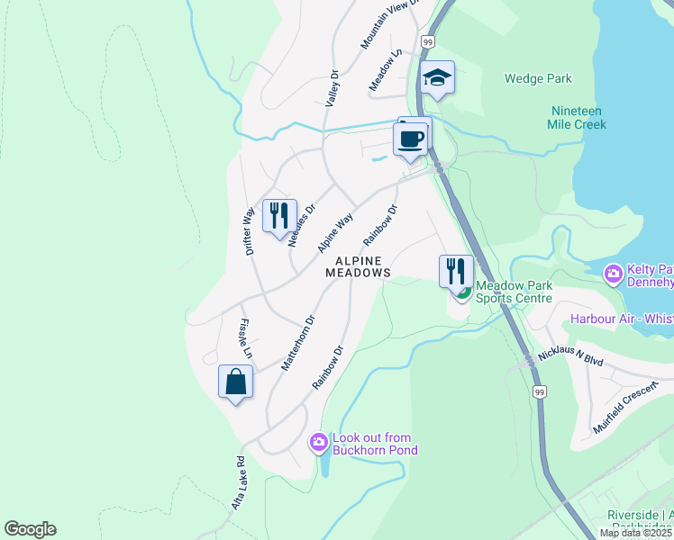 map of restaurants, bars, coffee shops, grocery stores, and more near 8409 Matterhorn Drive in Whistler