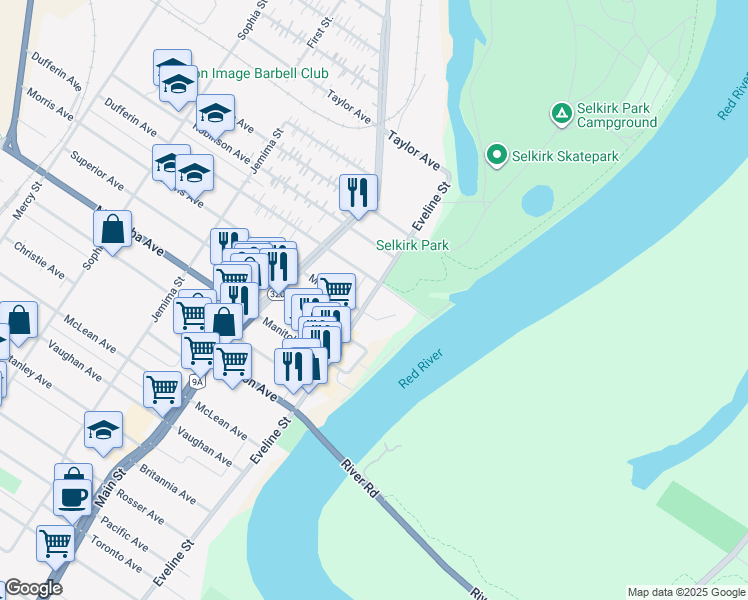 map of restaurants, bars, coffee shops, grocery stores, and more near 424 Eveline Street in Selkirk