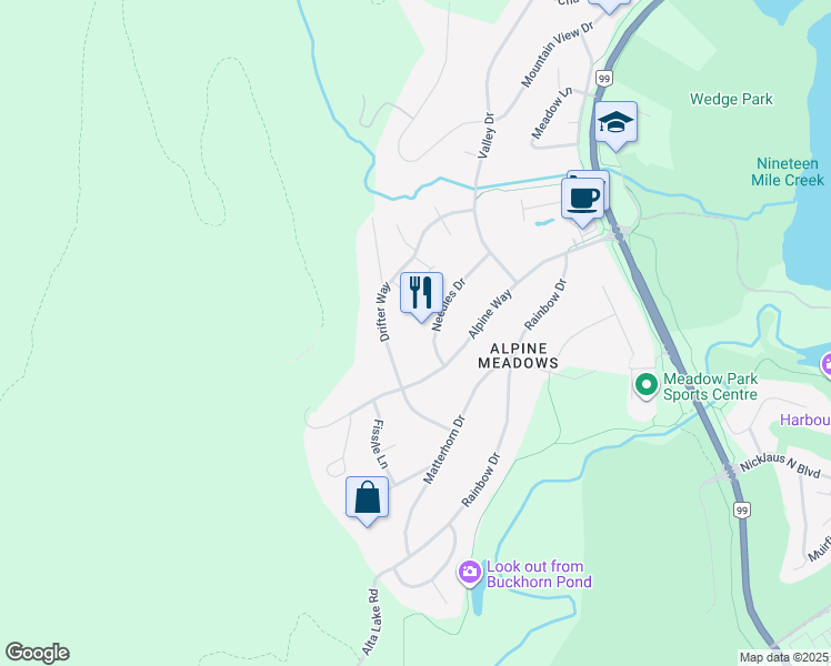 map of restaurants, bars, coffee shops, grocery stores, and more near 8349 Needles Drive in Whistler