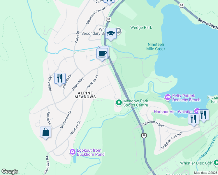 map of restaurants, bars, coffee shops, grocery stores, and more near 8133 Cedar Springs Road in Whistler