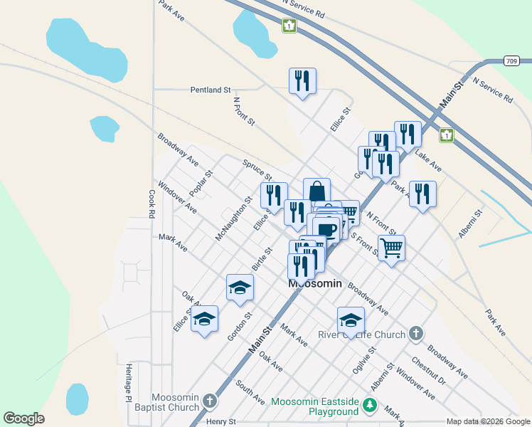 map of restaurants, bars, coffee shops, grocery stores, and more near 608 Broadway Avenue in Moosomin
