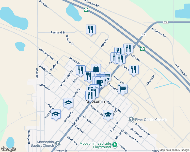 map of restaurants, bars, coffee shops, grocery stores, and more near 509 Birtle Street in Moosomin