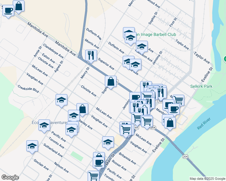 map of restaurants, bars, coffee shops, grocery stores, and more near Clandeboye Avenue in Selkirk
