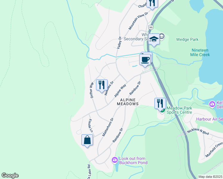 map of restaurants, bars, coffee shops, grocery stores, and more near 8328 Needles Drive in Whistler