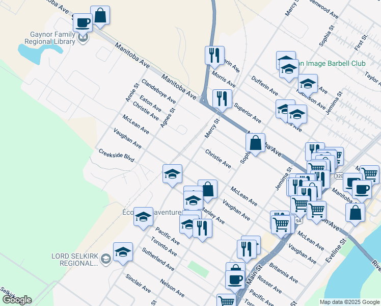 map of restaurants, bars, coffee shops, grocery stores, and more near 601 McLean Avenue in Selkirk