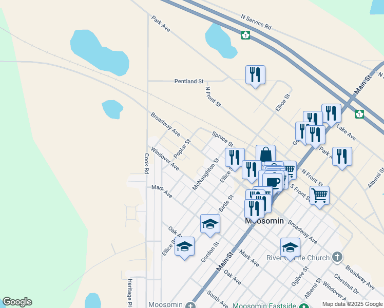 map of restaurants, bars, coffee shops, grocery stores, and more near 411 Broadway Avenue in Moosomin