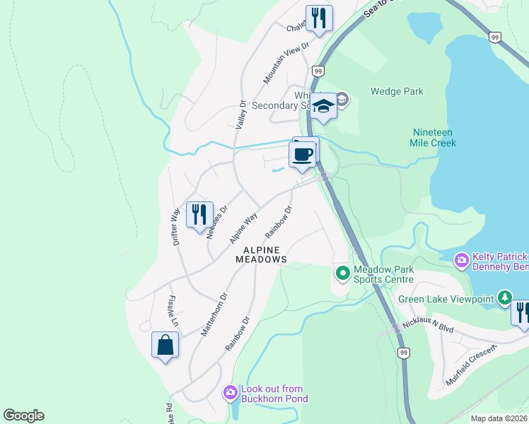 map of restaurants, bars, coffee shops, grocery stores, and more near 8247 Rainbow Drive in Whistler