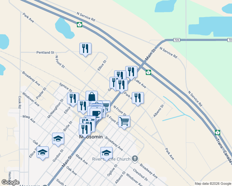 map of restaurants, bars, coffee shops, grocery stores, and more near 506 Main Street in Moosomin