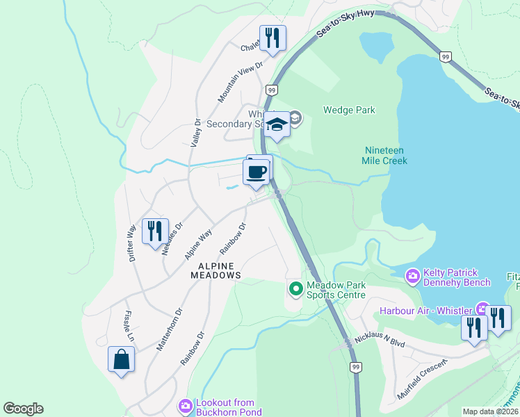 map of restaurants, bars, coffee shops, grocery stores, and more near 8100 Alpine Way in Whistler
