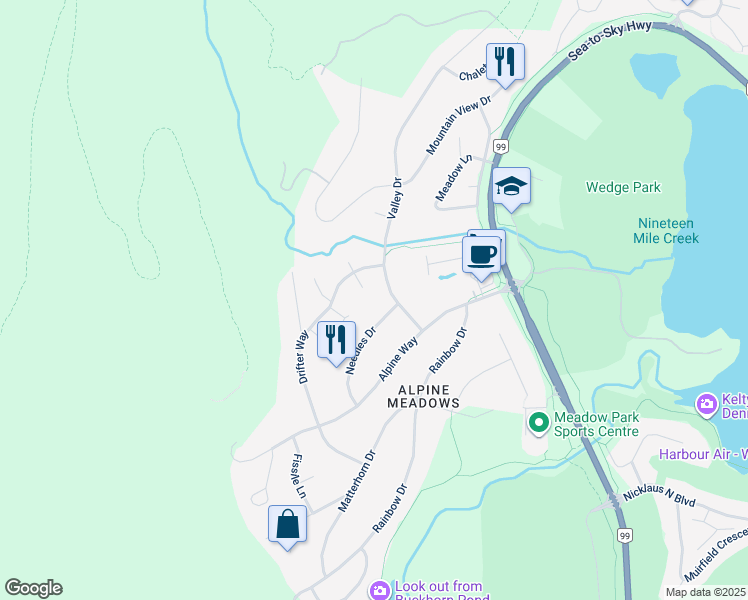 map of restaurants, bars, coffee shops, grocery stores, and more near 8216 Valley Drive in Whistler