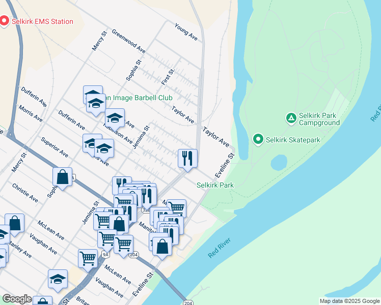 map of restaurants, bars, coffee shops, grocery stores, and more near 495 Main Street in Selkirk