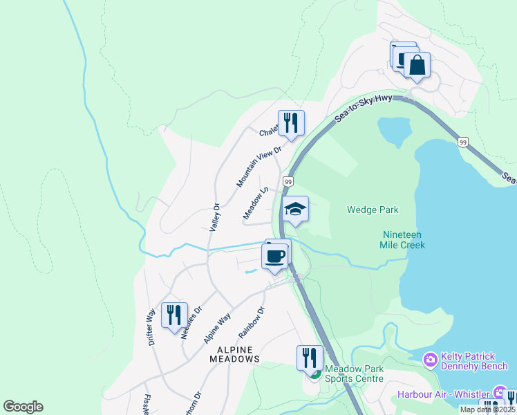 map of restaurants, bars, coffee shops, grocery stores, and more near 8150 Meadow Lane in Whistler