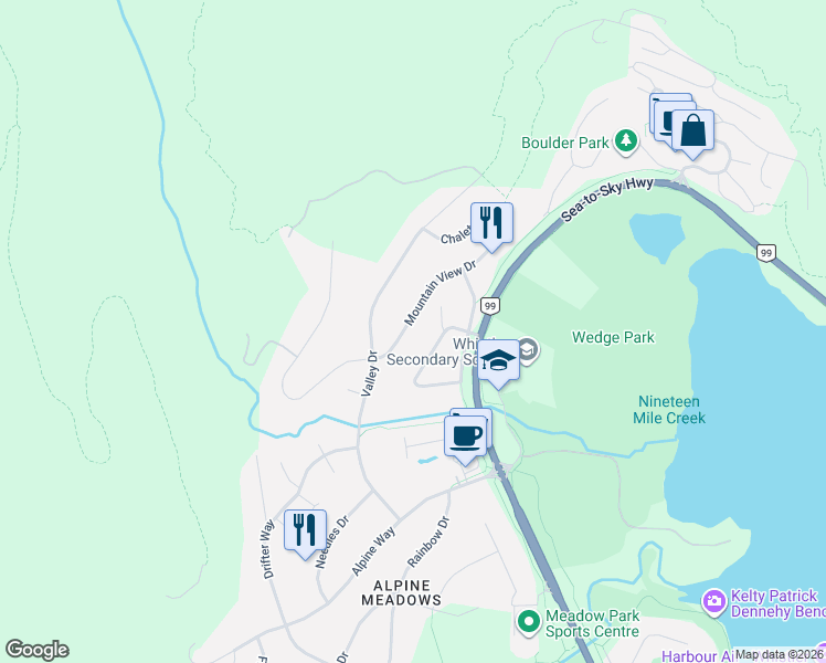 map of restaurants, bars, coffee shops, grocery stores, and more near 8270 Mountain View Drive in Whistler