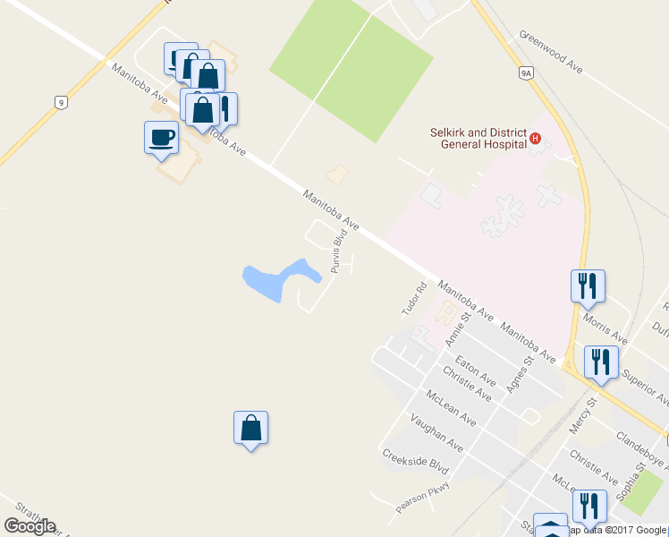 map of restaurants, bars, coffee shops, grocery stores, and more near 361 Purvis Boulevard in Gimli