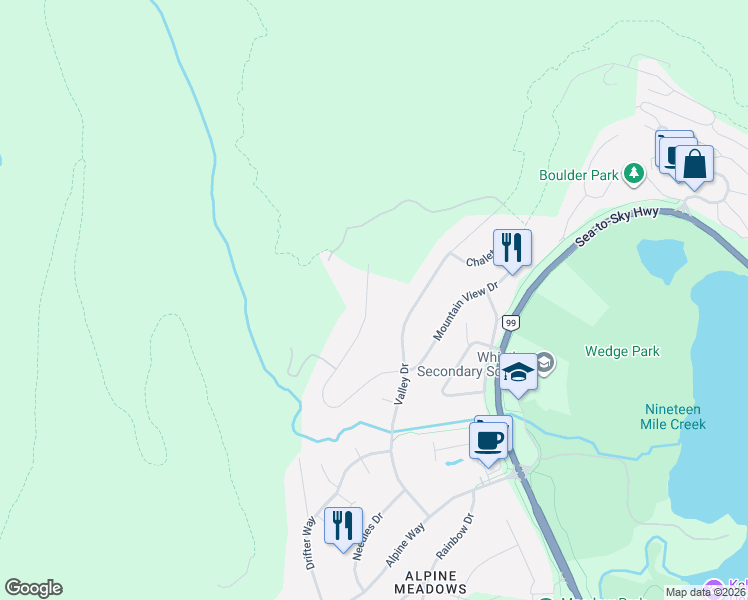 map of restaurants, bars, coffee shops, grocery stores, and more near 8377 Mountain View Drive in Whistler