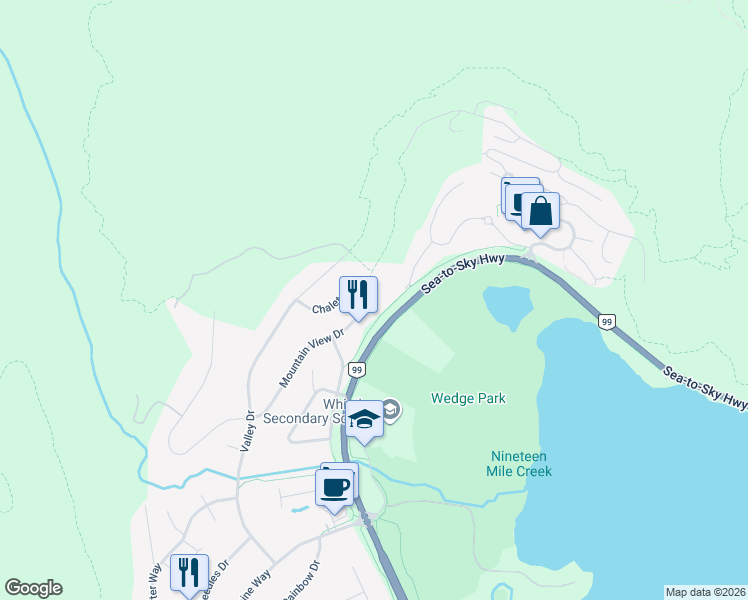 map of restaurants, bars, coffee shops, grocery stores, and more near 8206 Mountain View Drive in Whistler