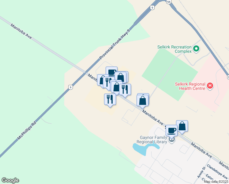 map of restaurants, bars, coffee shops, grocery stores, and more near 1027 Manitoba Avenue in Clandeboye
