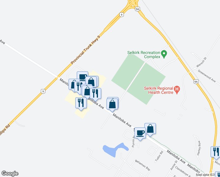 map of restaurants, bars, coffee shops, grocery stores, and more near 1027B Manitoba Avenue in Selkirk
