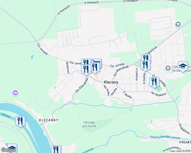 map of restaurants, bars, coffee shops, grocery stores, and more near in Klecany
