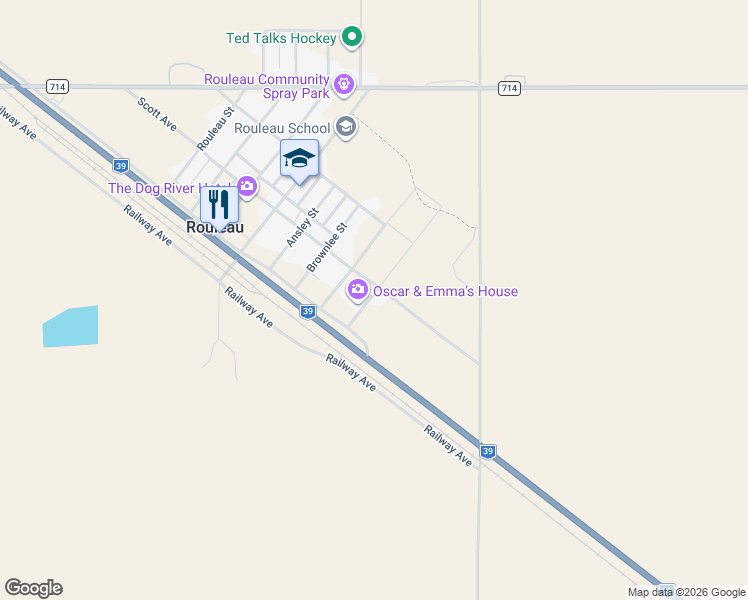 map of restaurants, bars, coffee shops, grocery stores, and more near 1204 Scott Avenue in Rouleau