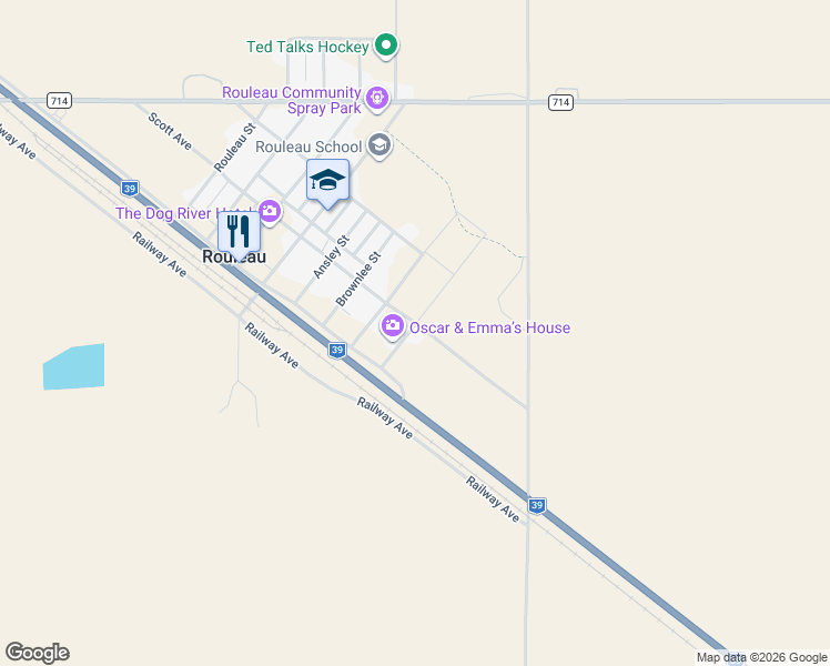 map of restaurants, bars, coffee shops, grocery stores, and more near 1204 Scott Avenue in Rouleau