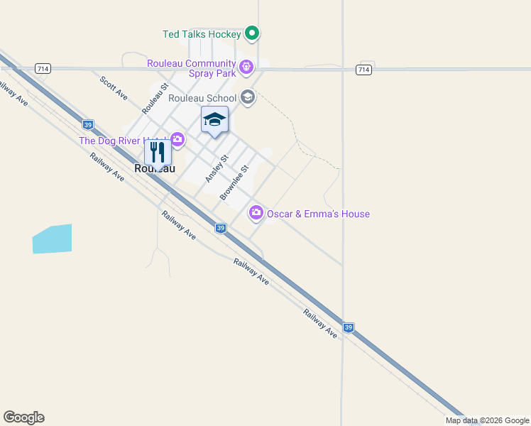 map of restaurants, bars, coffee shops, grocery stores, and more near 1204 Scott Avenue in Rouleau