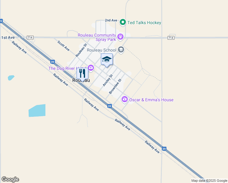 map of restaurants, bars, coffee shops, grocery stores, and more near 114 Brownlee Street in Rouleau