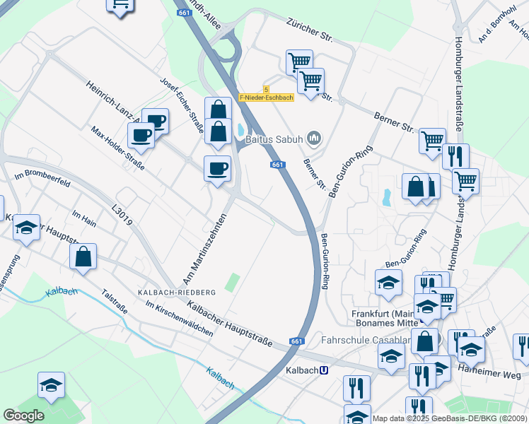 map of restaurants, bars, coffee shops, grocery stores, and more near Am Martinszehnten in Frankfurt am Main