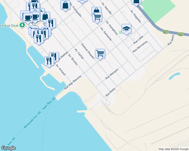 map of restaurants, bars, coffee shops, grocery stores, and more near 169 Avenue Cartier in Sept-Îles