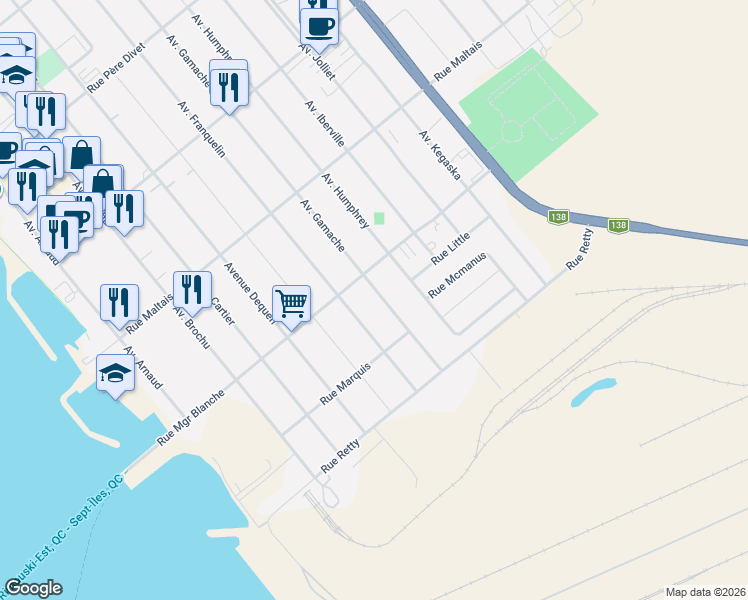 map of restaurants, bars, coffee shops, grocery stores, and more near 180 Avenue Gamache in Sept-Îles