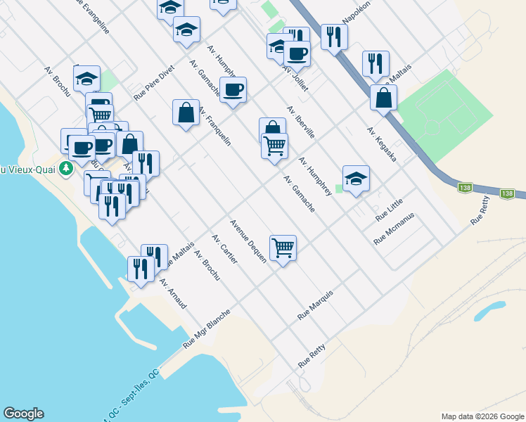 map of restaurants, bars, coffee shops, grocery stores, and more near 280 Avenue Evangeline in Sept-Îles