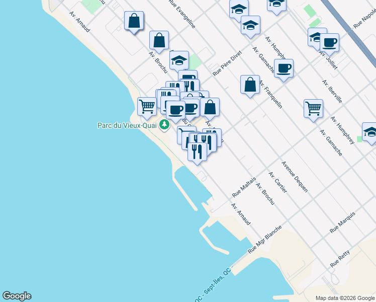 map of restaurants, bars, coffee shops, grocery stores, and more near 437 Avenue Arnaud in Sept-Îles
