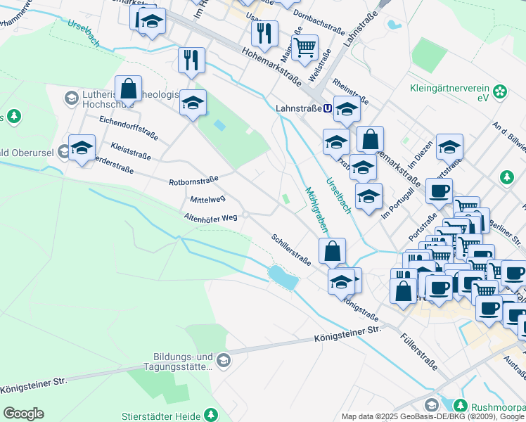 map of restaurants, bars, coffee shops, grocery stores, and more near 5 Altenhöfer Weg in Oberursel (Taunus)