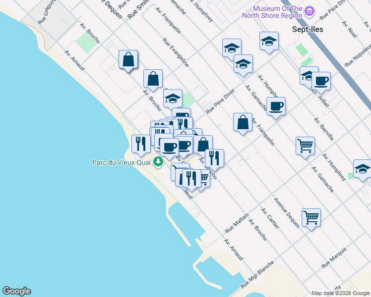 map of restaurants, bars, coffee shops, grocery stores, and more near 491 Avenue Brochu in Sept-Ã�Les