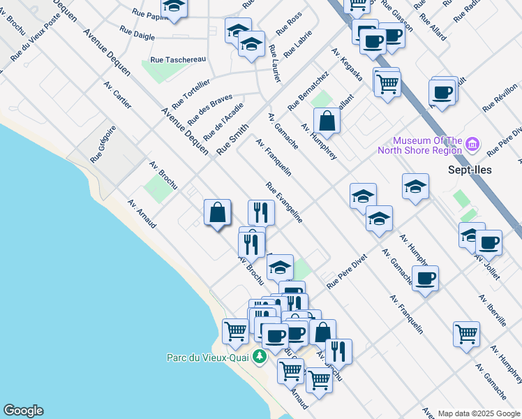 map of restaurants, bars, coffee shops, grocery stores, and more near Avenue de Quen in Sept-Îles