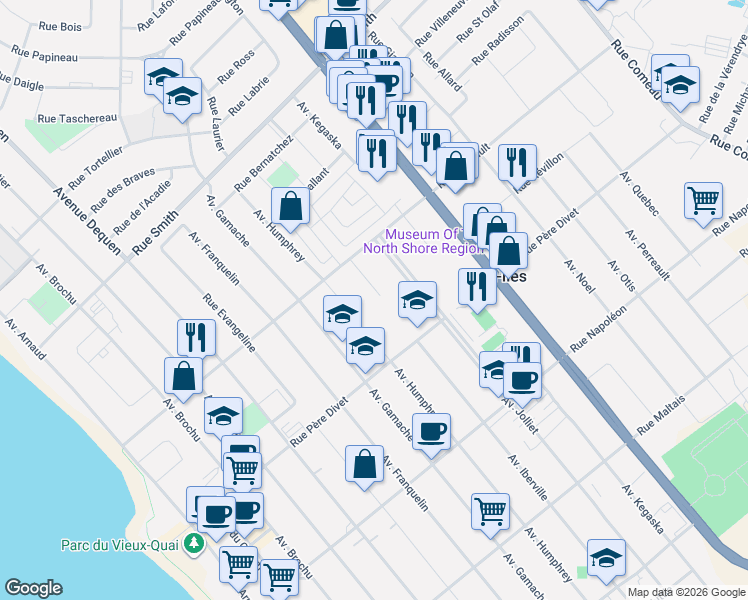 map of restaurants, bars, coffee shops, grocery stores, and more near 563 Avenue Iberville in Sept-Îles