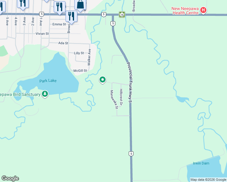 map of restaurants, bars, coffee shops, grocery stores, and more near 22 Manawaka Drive in Neepawa