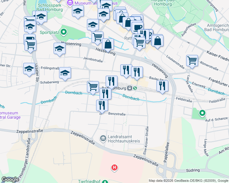 map of restaurants, bars, coffee shops, grocery stores, and more near Horexstraße in Bad Homburg vor der Höhe