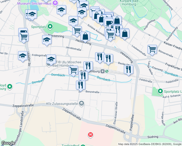 map of restaurants, bars, coffee shops, grocery stores, and more near Horexstraße in Bad Homburg vor der Höhe
