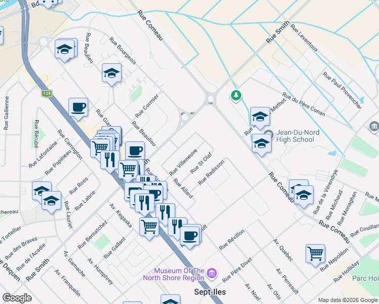 map of restaurants, bars, coffee shops, grocery stores, and more near 37 Rue Villeneuve in Sept-Îles