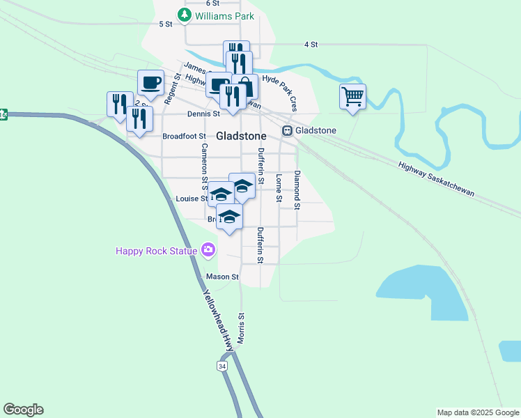 map of restaurants, bars, coffee shops, grocery stores, and more near Dufferin Street in Gladstone