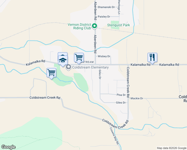 map of restaurants, bars, coffee shops, grocery stores, and more near 7809 De Jong Drive in North Okanagan