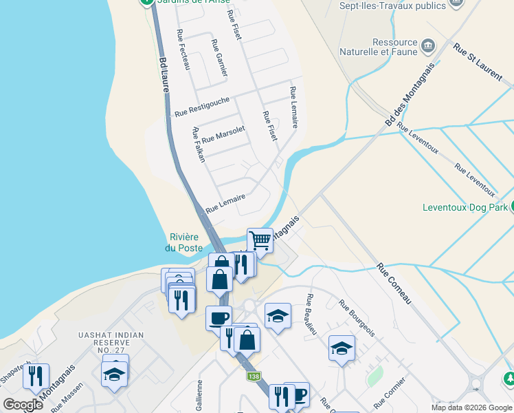 map of restaurants, bars, coffee shops, grocery stores, and more near 37 Rue Fraser in Sept-Îles