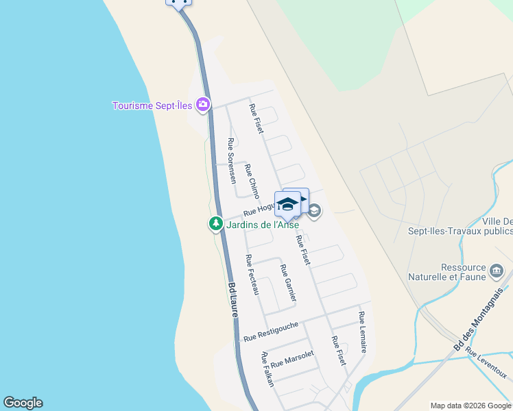 map of restaurants, bars, coffee shops, grocery stores, and more near 33 Rue Hogue in Sept-Îles