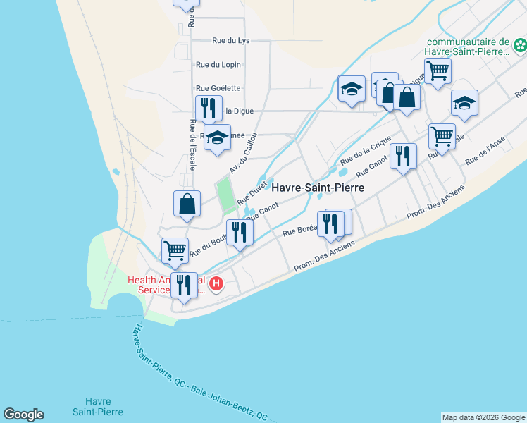 map of restaurants, bars, coffee shops, grocery stores, and more near 1107 Rue du Canot in Havre-Saint-Pierre