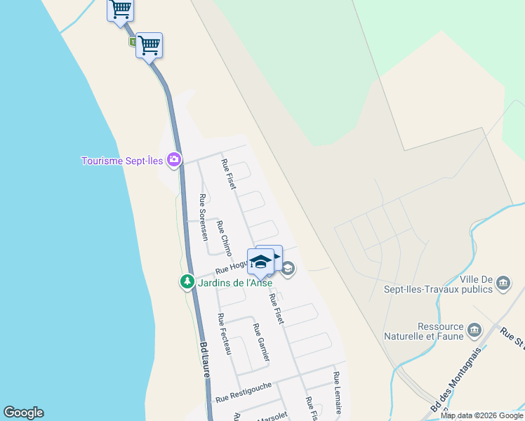 map of restaurants, bars, coffee shops, grocery stores, and more near 18 Rue Thibault in Sept-Îles