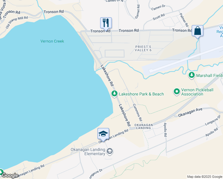 map of restaurants, bars, coffee shops, grocery stores, and more near 2612 Lakeshore Road in Vernon